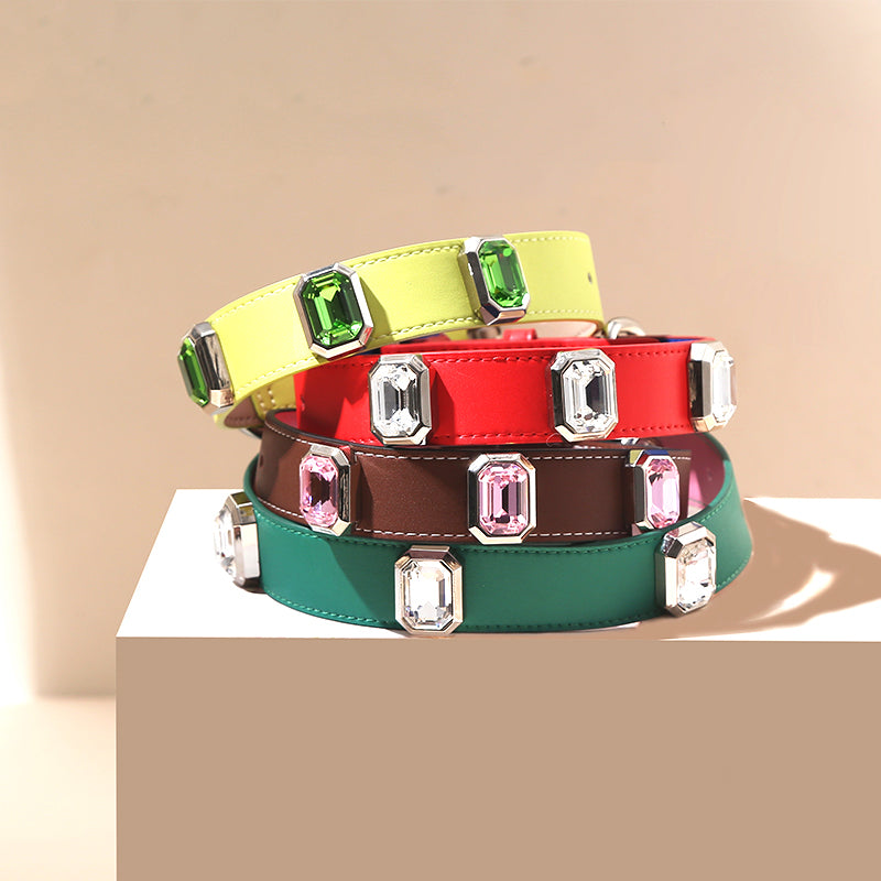 Olympus Crystal Leather Dog Collar - Bamboo Green